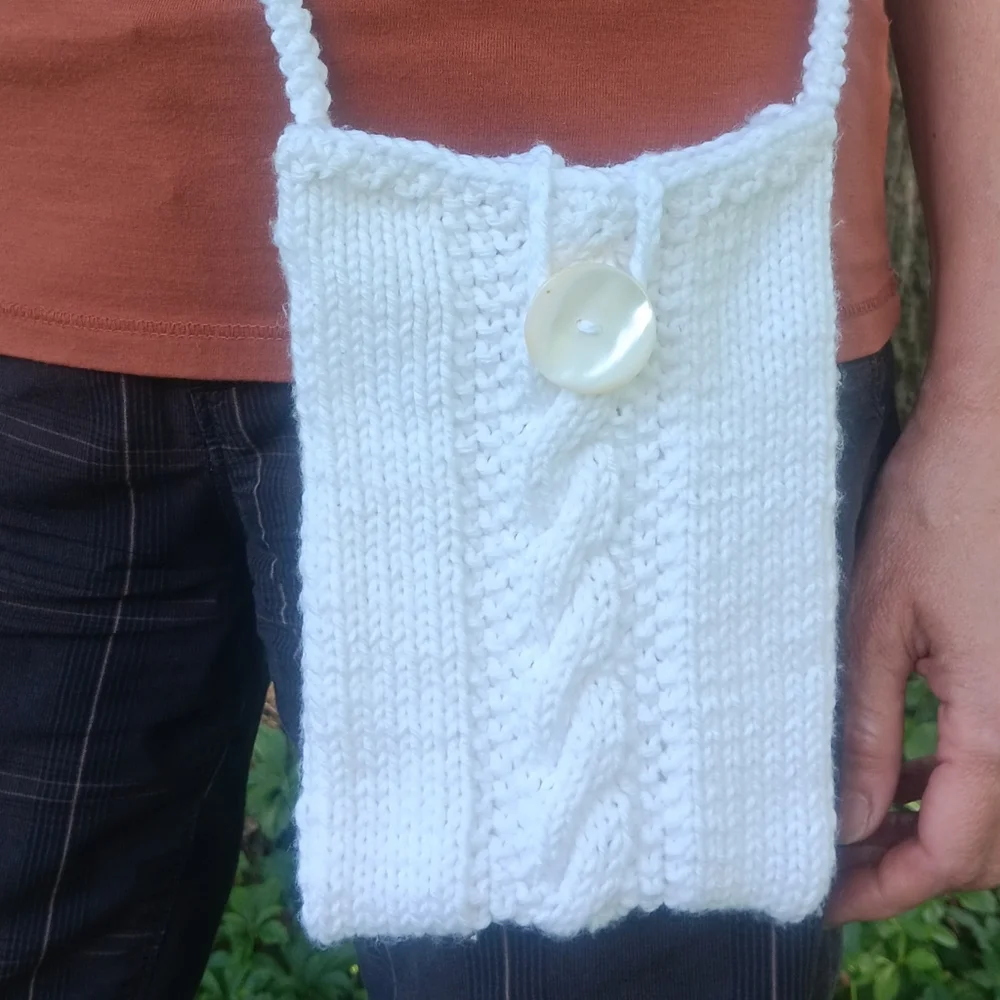 Handmade Handknit White Cableknit Crossbody Cell Phone Bag